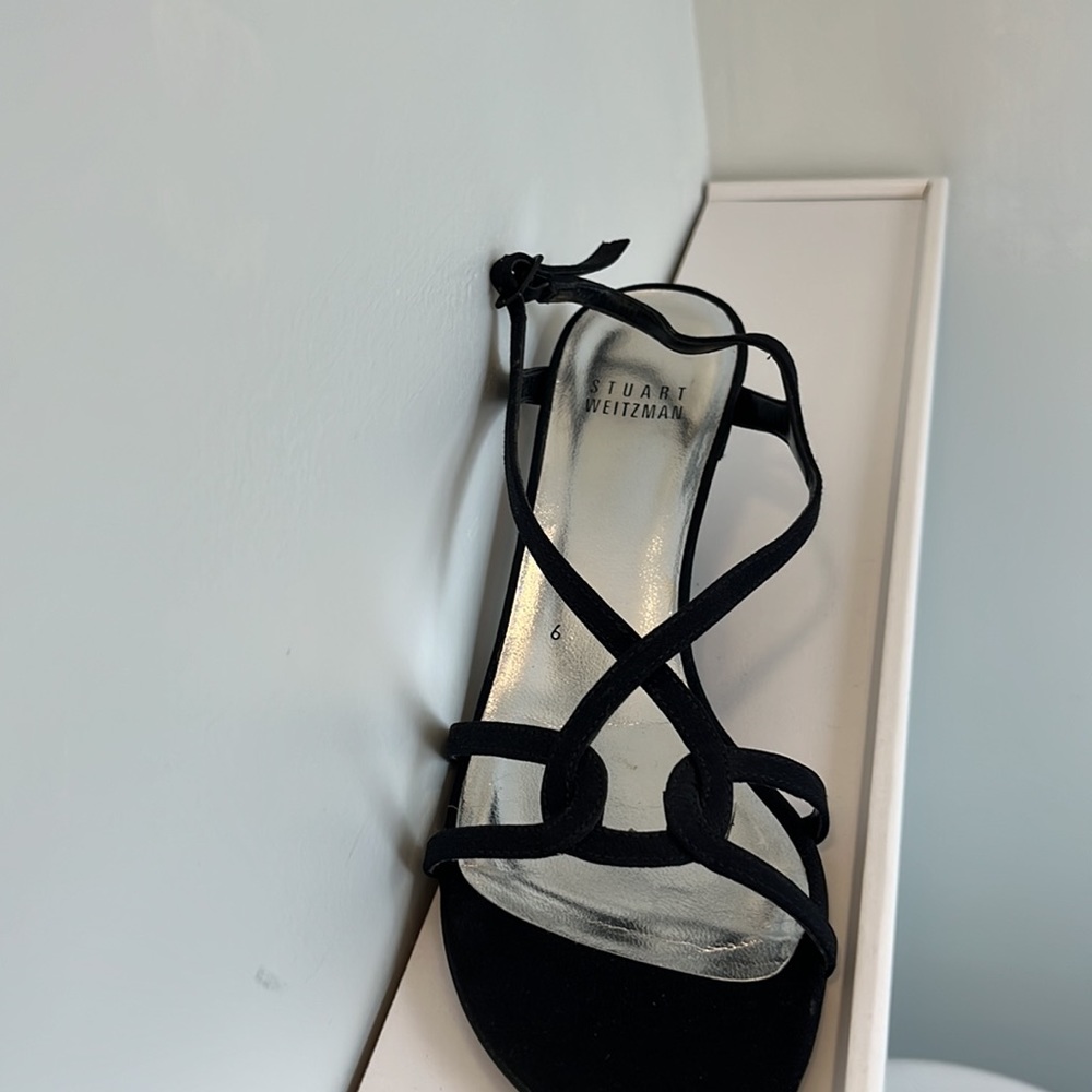 Stuart Weitzman Black Open Toe Slingback Strappy Kitten Heels